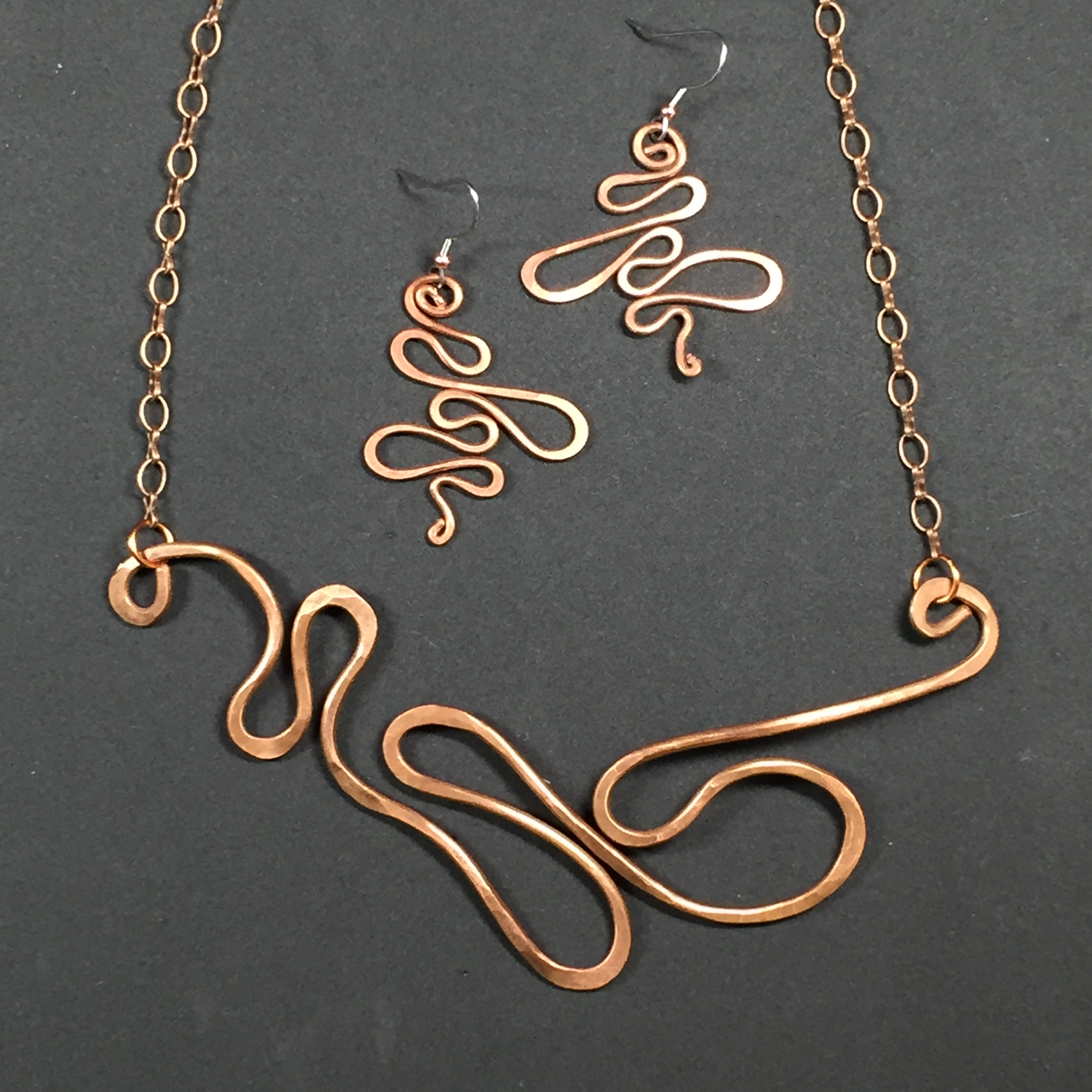 Hand wrought copper necklace and earrings